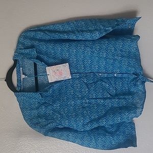 Boutique Large Linen Button-Up Aztec Print Blue Blouse